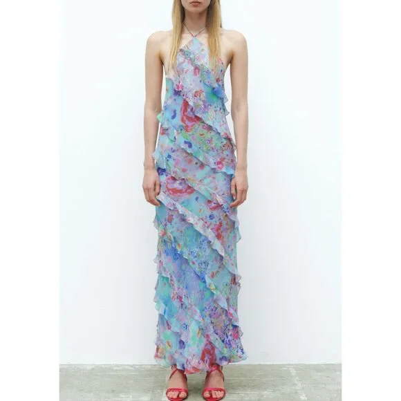 zara halter ruffle long dress THE ITEM THE RUFFLE SLIP DRESS A signature piece for a uniquely curated wardrobe. Discover one new item every monday. #zara #zarawoman #theitem